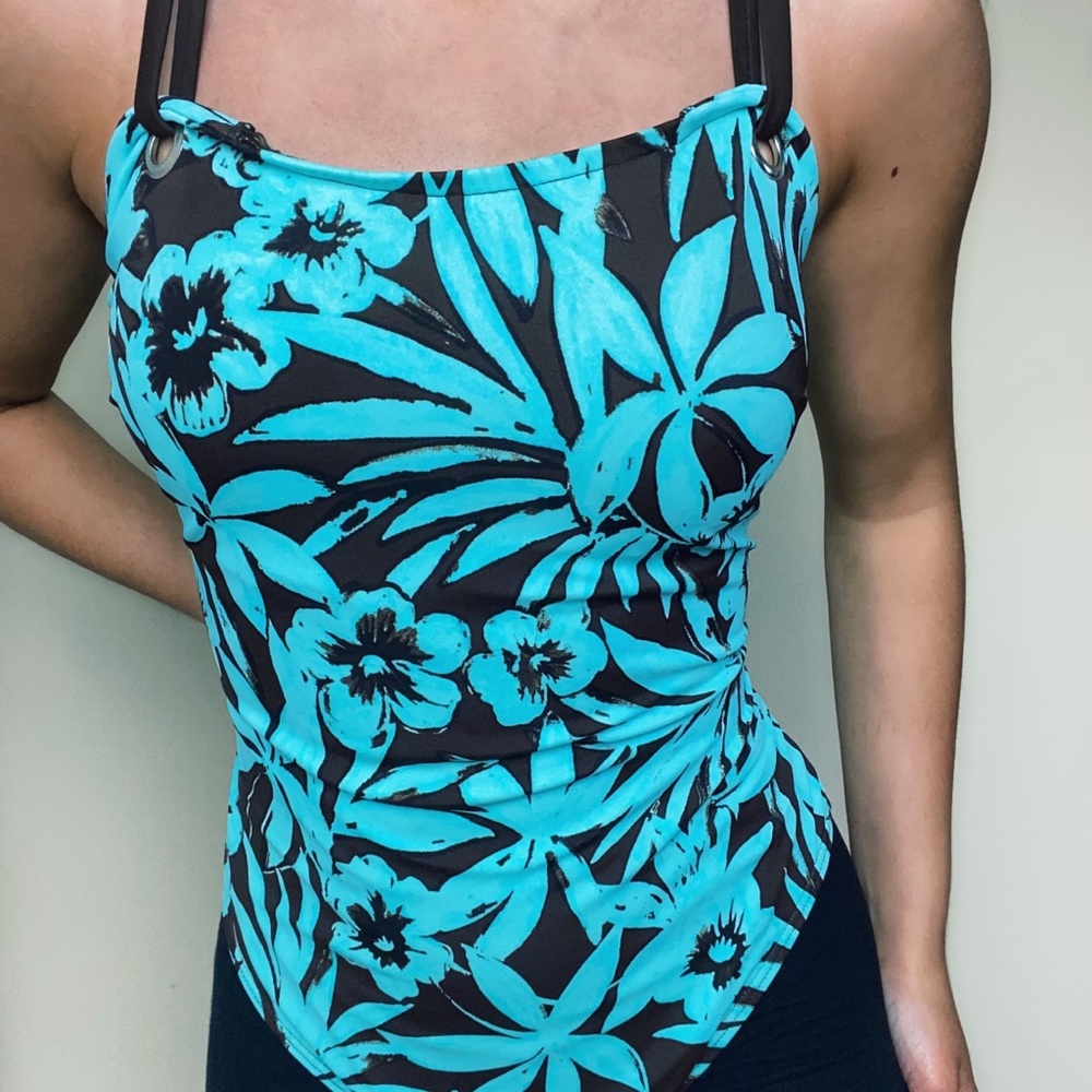 Vintage One piece blue and brown Hawaiian swimsuit